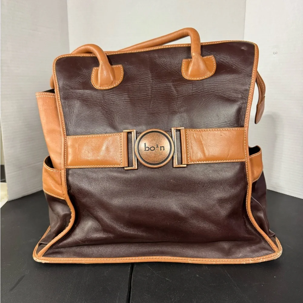 bo'n Brown Leather Tote‎ Bag Satchel Buckle Accent Pocketbook Handbag Purse